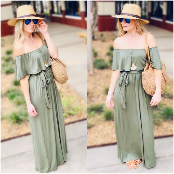 MAKING HEADLINES OFF SHOULDER MAXI DRESS-OLIVE - Picture 2 of 5